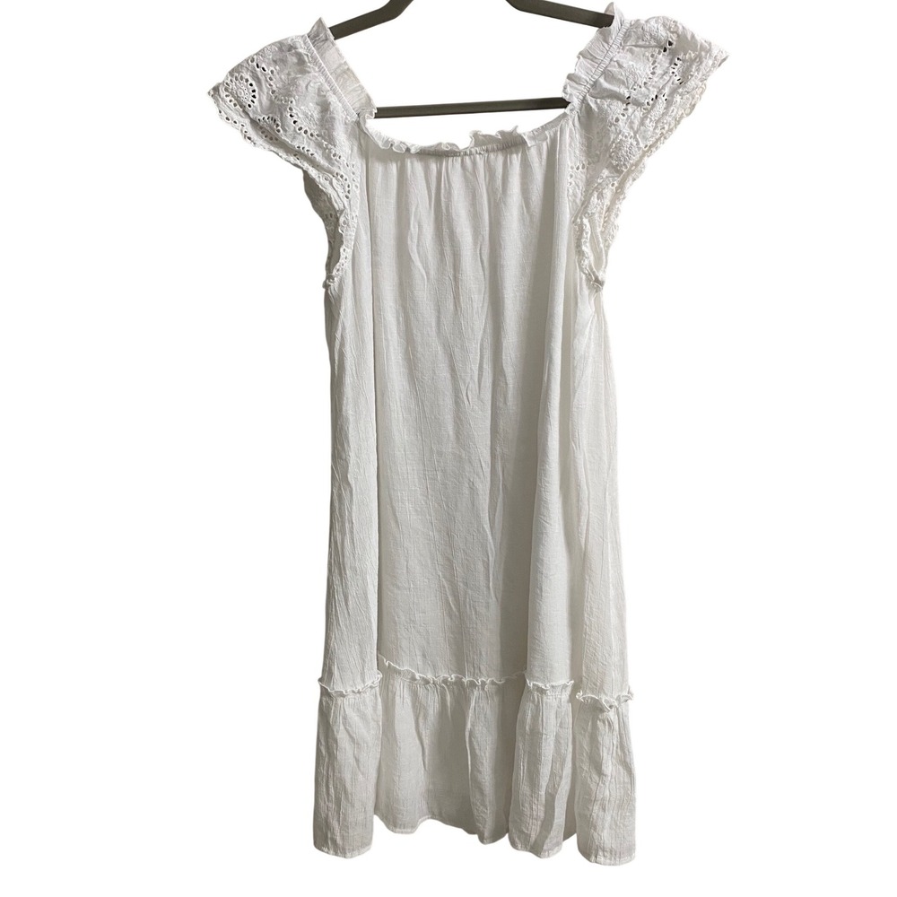 Fairycore Cottage White Eyelet Lace Flutter Sleeve Ruffle Hem Shift Mini‎ Dress